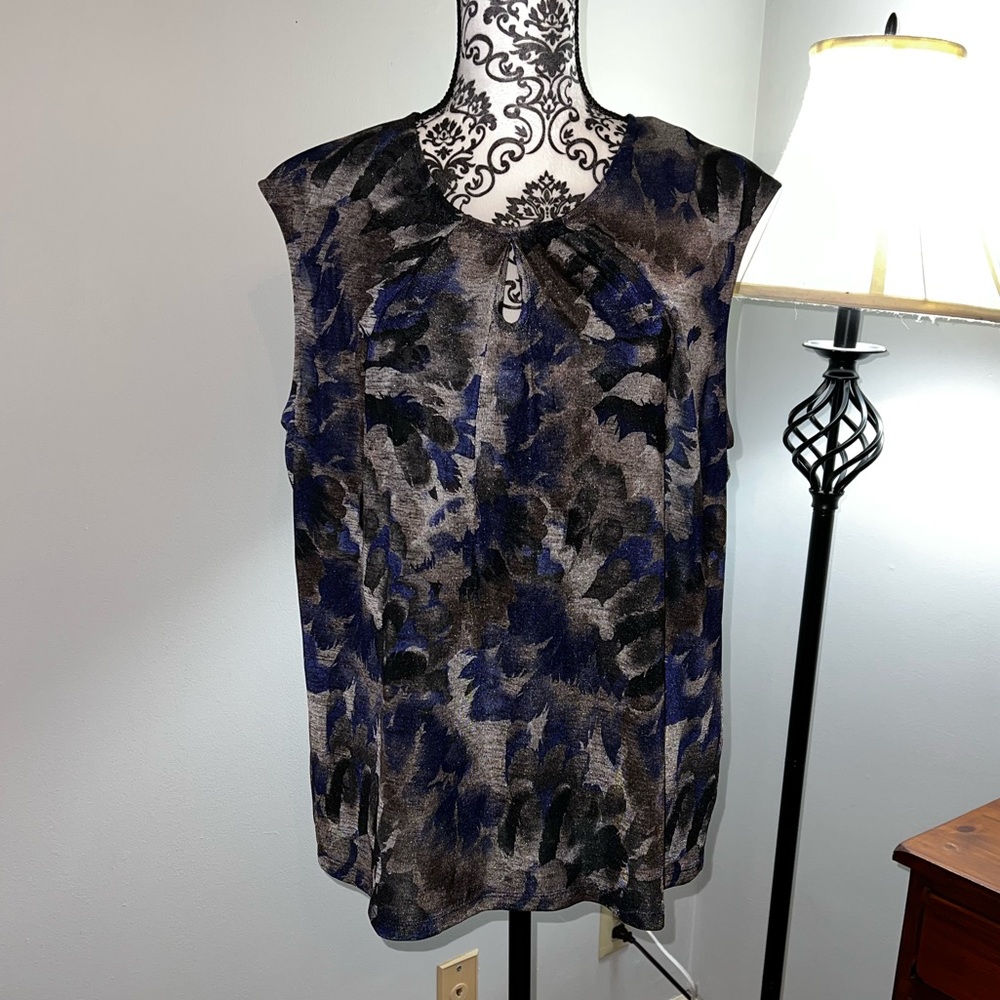 Kasper blue, black, grey sleeveless top.